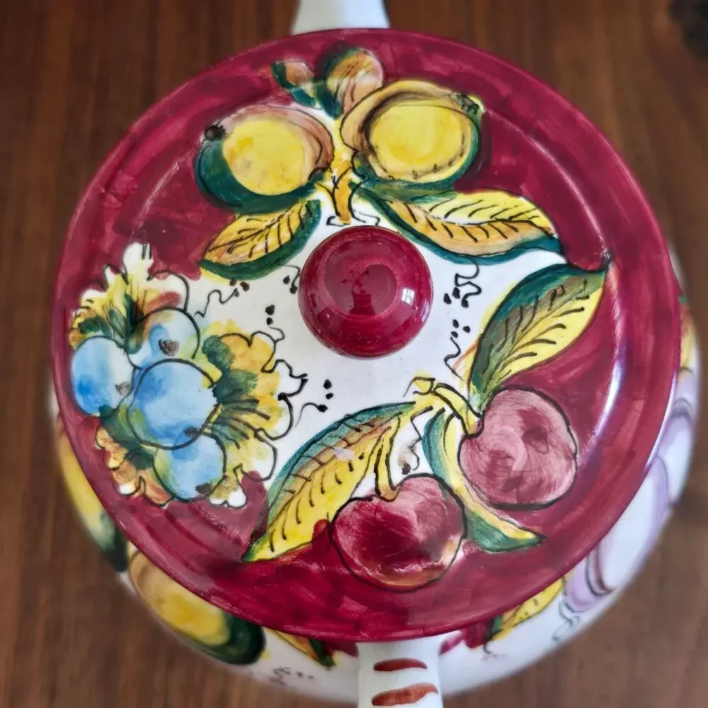 Deruta Hand Painted Teapot Red Multi Summer Fruit Italy Cottagecore Gardencore